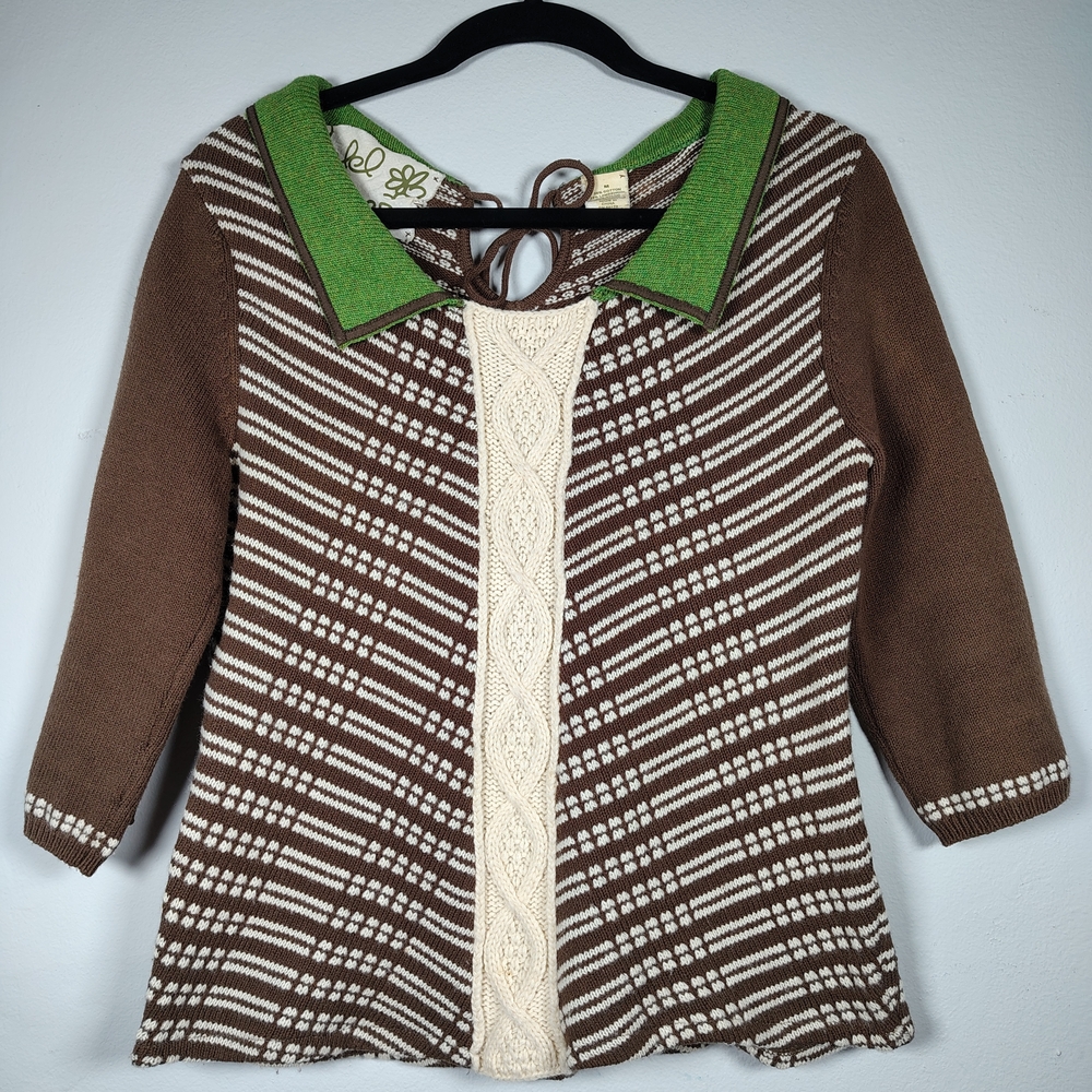 Anthropologie Field Flower Wool Blend Elegant Brown Cream Green Sweater Sz 8